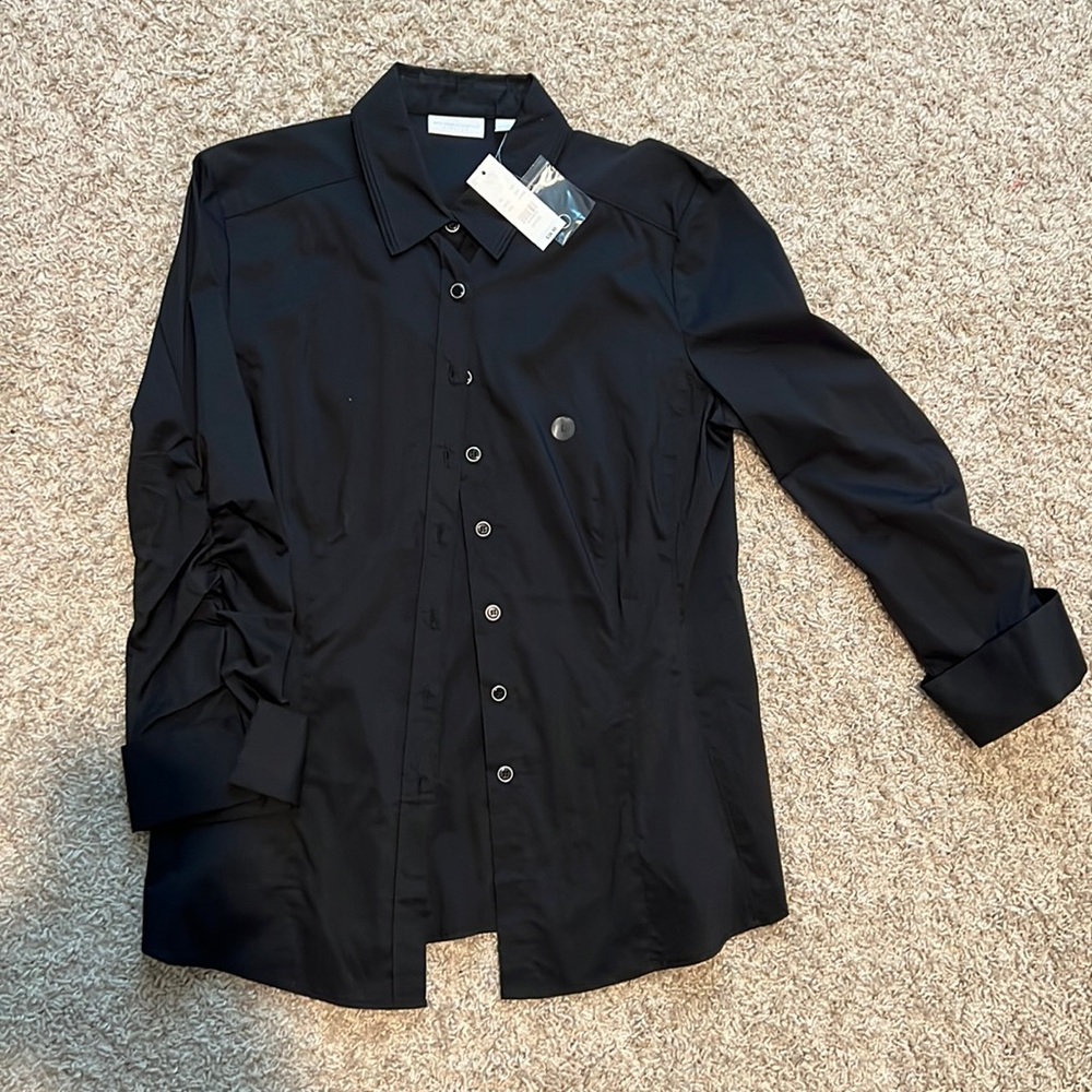 New York & Company Black Rouched Sleeve Button Up Blouse - Picture 2 of 8